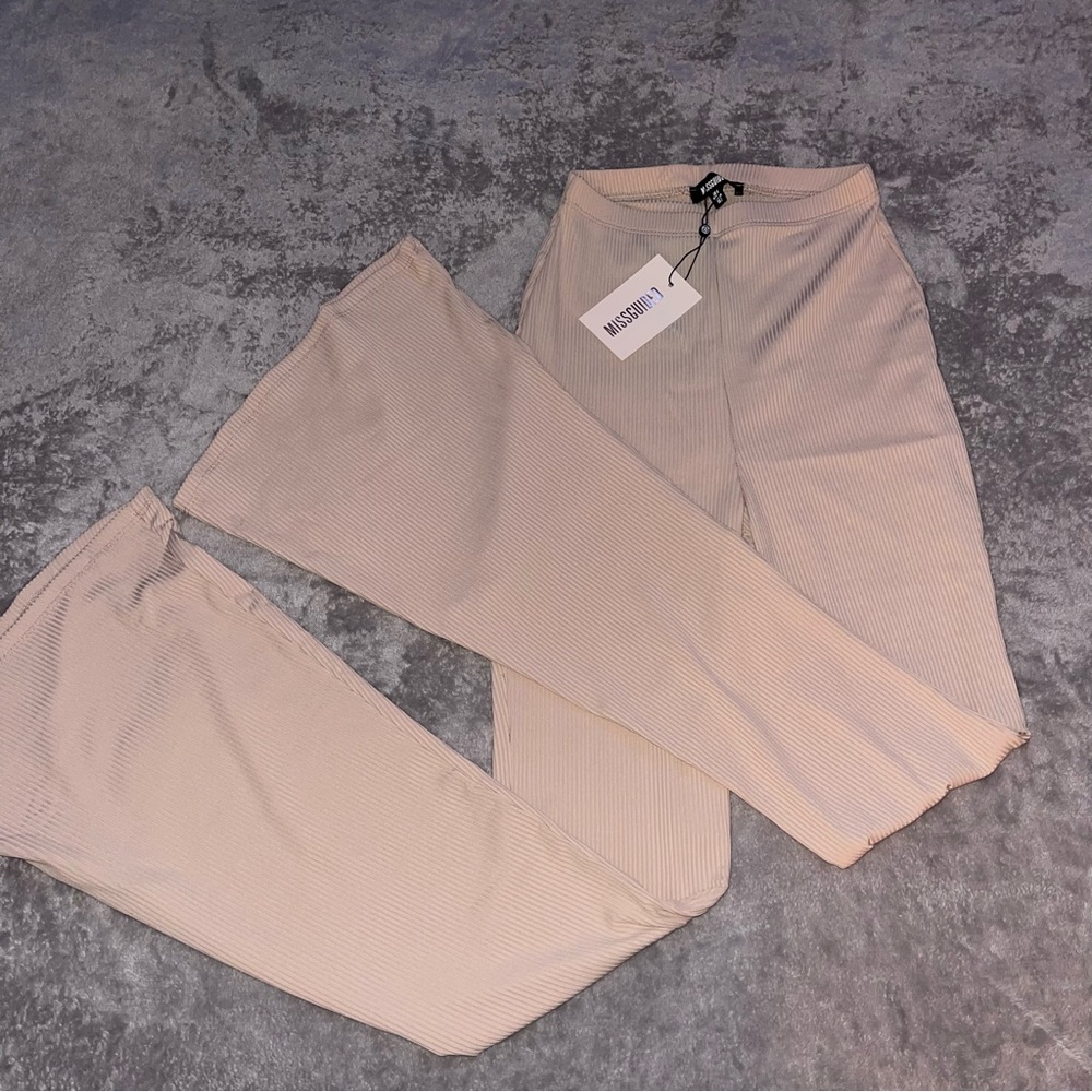 ASOS Missguided ribbed flare/boot cut/wide leg pant in beige/ light nude/ cream